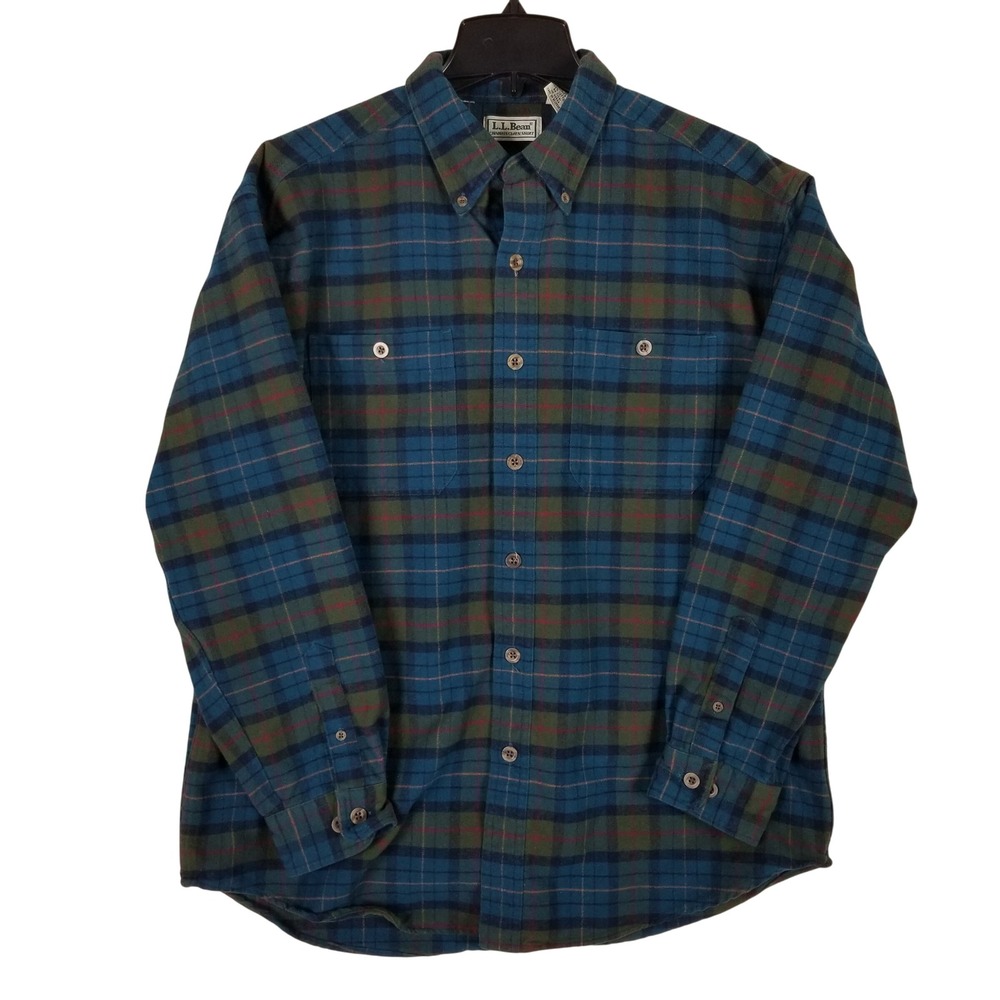 L.L. Bean Chamois Cloth Shirt Mens Large Teal Green Plaid Heavyweight Cotton